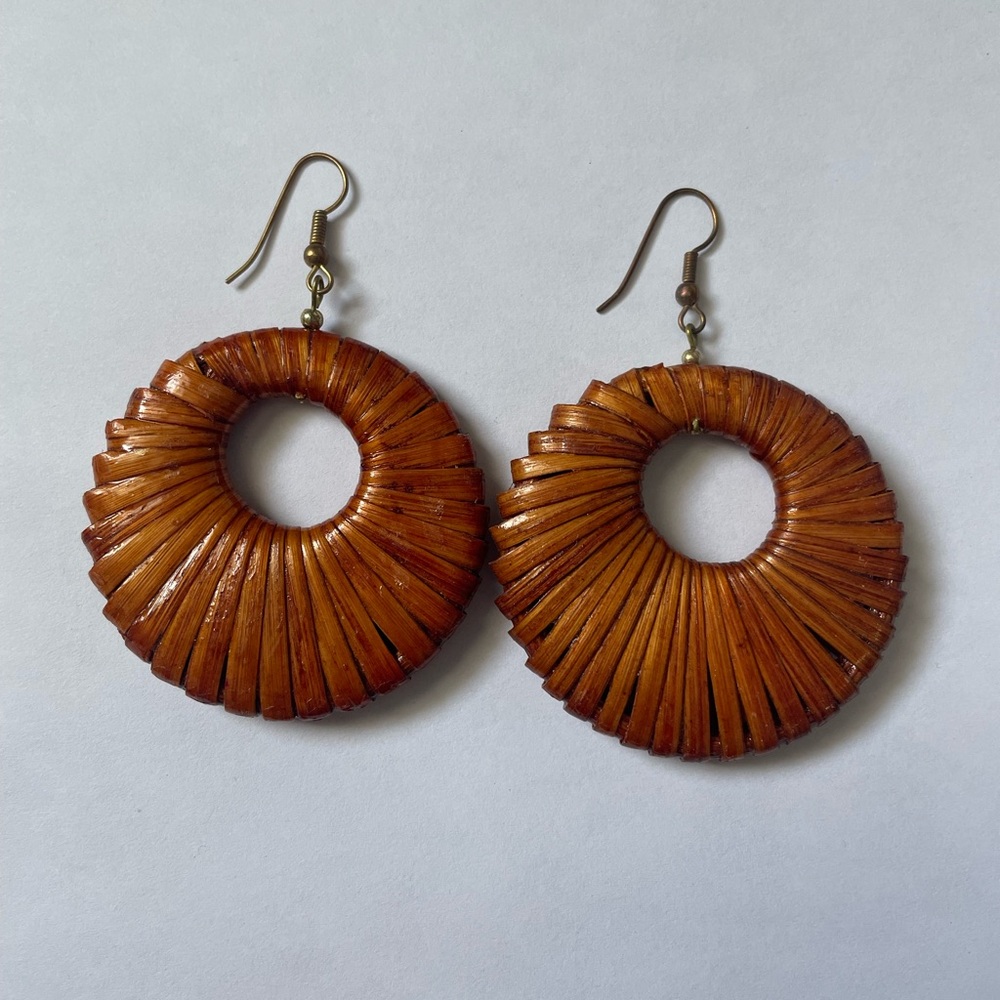 Woven Reed Brown Dangle Earrings Costume Jewelry